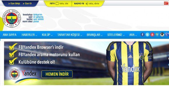 Баннер "Яндекса" на главной странице сайта турецкого футбольного клуба Fenerbahce