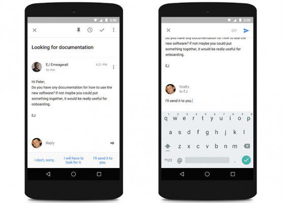 Функция Smart Reply предлагает три быстрых ответа на полученное письмо