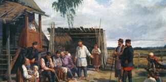 "Крестьянская сходка". Картина художника Фирса Журавлёва, XIX век