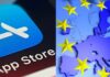 Коллаж с символами ЕС и логотипом App Store