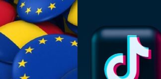 Логотип TikTok и значки с флагом Румынии и символикой ЕС