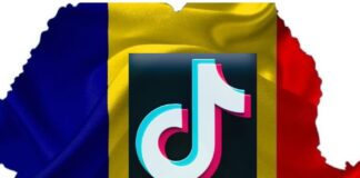 Логотип TikTok на фоне румынского флага