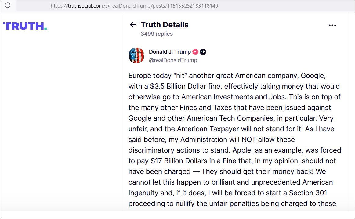 Антиевропейский пост Трампа в связи со штрафом на Google.