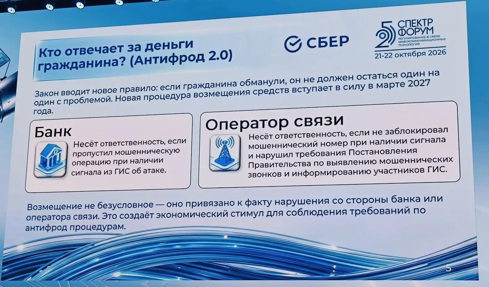 Слайд из презентации Ипатова Алексея, исполнительного директора департамента противодействия мошенничеству ПАО «Сбербанк», о том, кто будет отвечать за возмещение ущерба по "Антифрод 2.0."